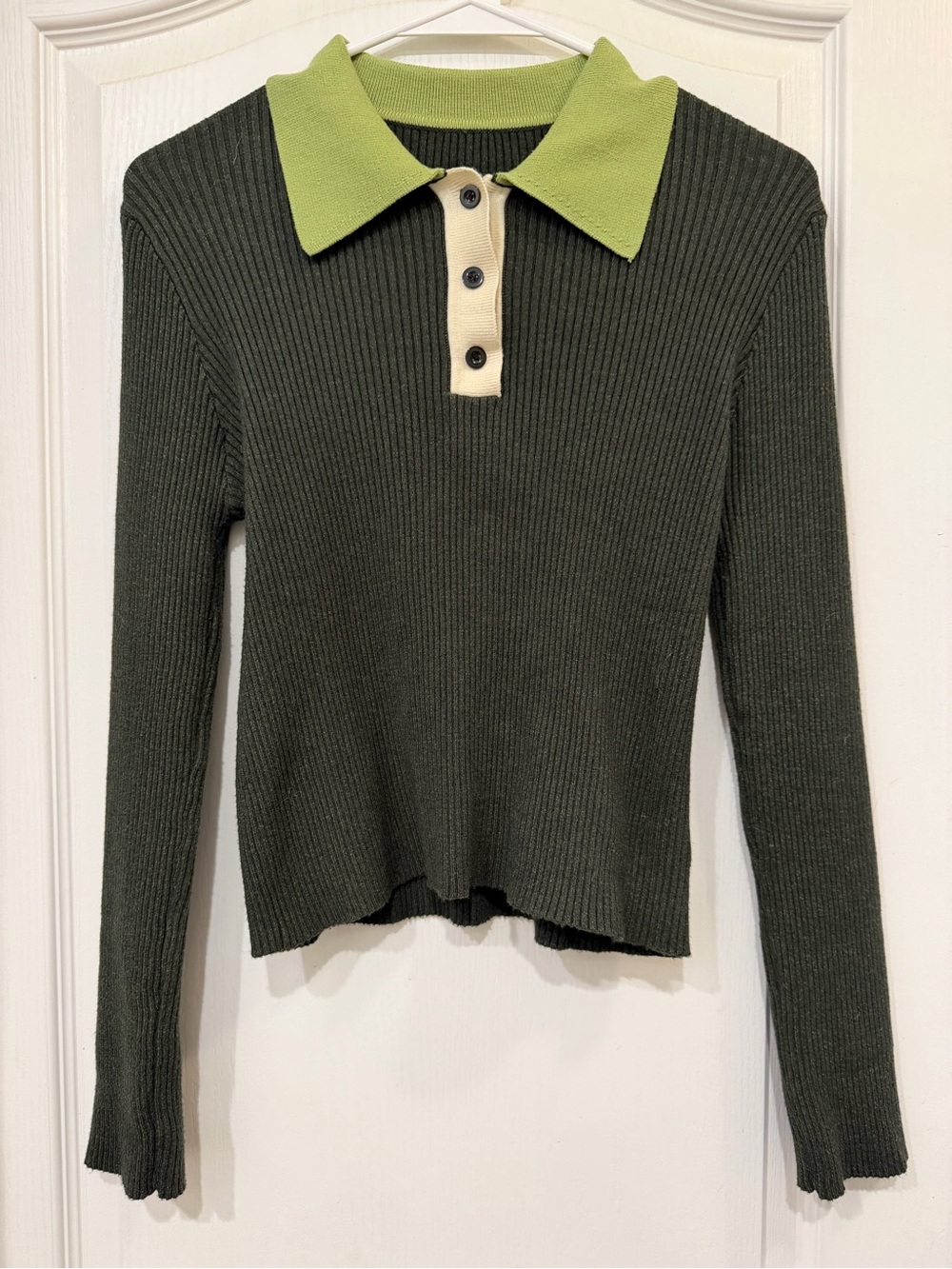 Cider Olive Ribbed Long-Sleeve Polo with Lime Collar